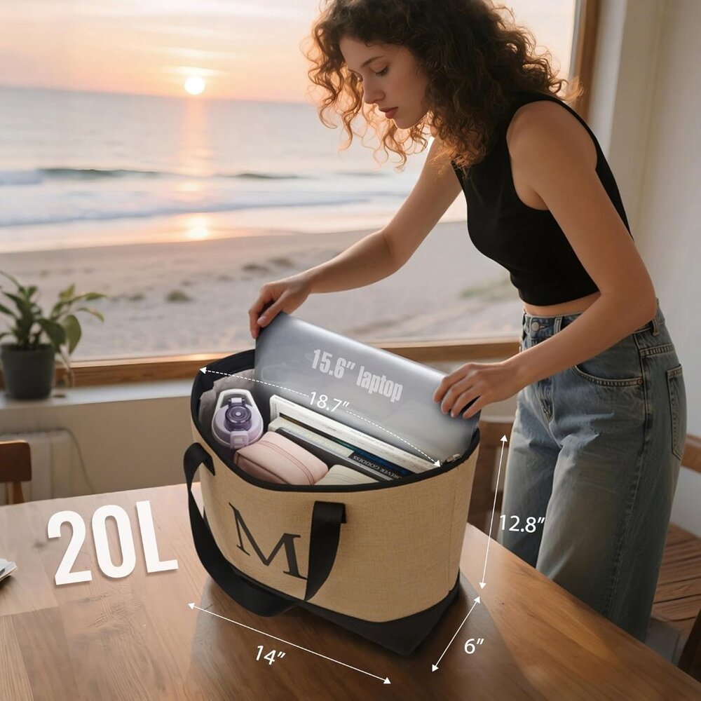 Woven Tote Bag for Women, Lightweigh Monogram Beach Bag with Zipper & Sand-Proof - Picture 5 of 10